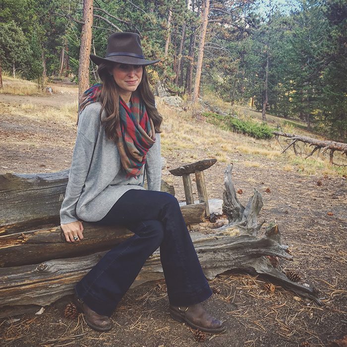 Fall Mountain Style - JBrand Flares, H&M Gray Sweater, Nordstrom Plaid Scarf, Puff Vest and Felt Hat