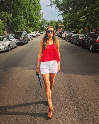 Red Tank, White J.Crew Shorts, Gigi New York Clutch