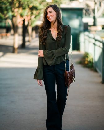 Green Bell Sleeve Shirt, Dark Flares Jeans and Rebecca Minkoff Bag