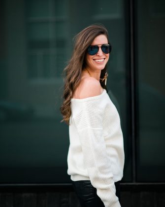 Off The Shoulder White Sweater and Leather Pants