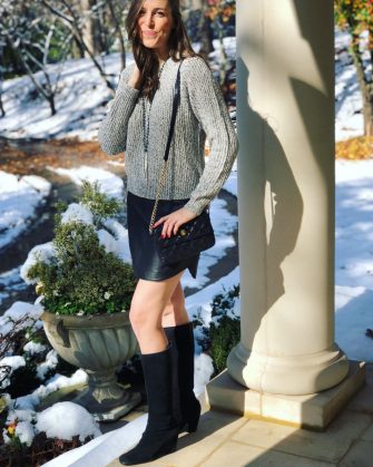 Leather Skirt with Gray Sweater and Black Wedge Boots