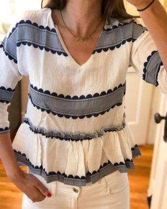 Floerns Women's Short Sleeve Contrast Print Frill Hem Blouse Top