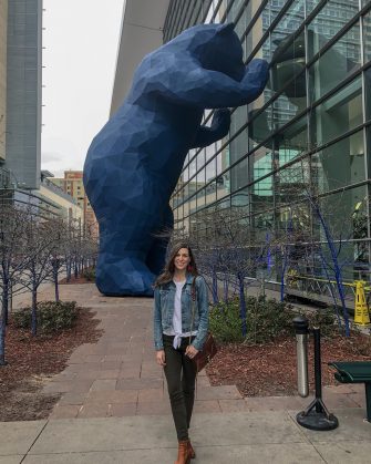 H&M Pants, JCrew Tie Front tie, JCrew Jean Jacket with Korkease Wedges - Blue Mountain Belle and the Blue Bear Denver