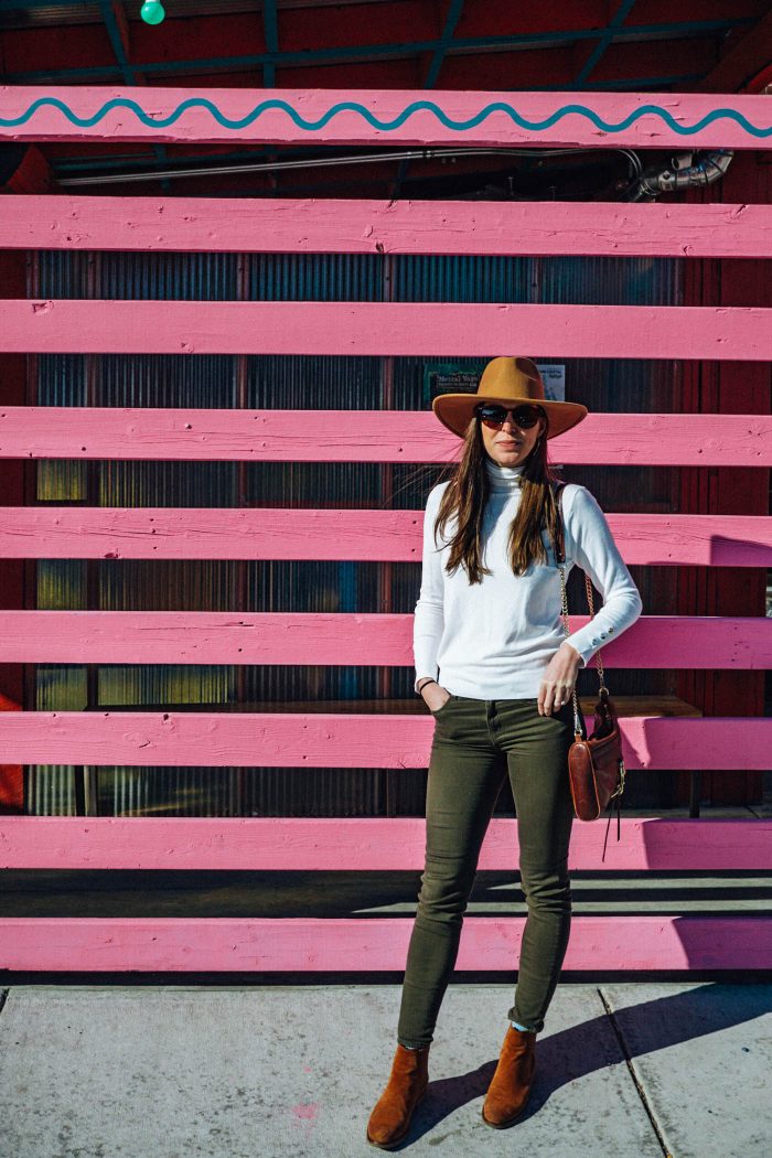 White Turtle Neck, Green Pants, Clarks Booties and Tan Hat