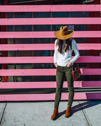 White Turtle Neck, Green Pants, Clarks Booties and Tan Hat