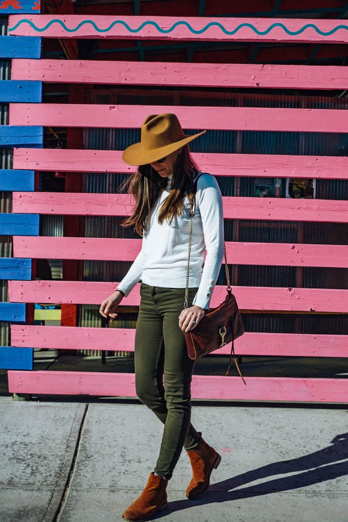 White Turtle Neck, Green Pants, Clarks Booties and Tan Hat
