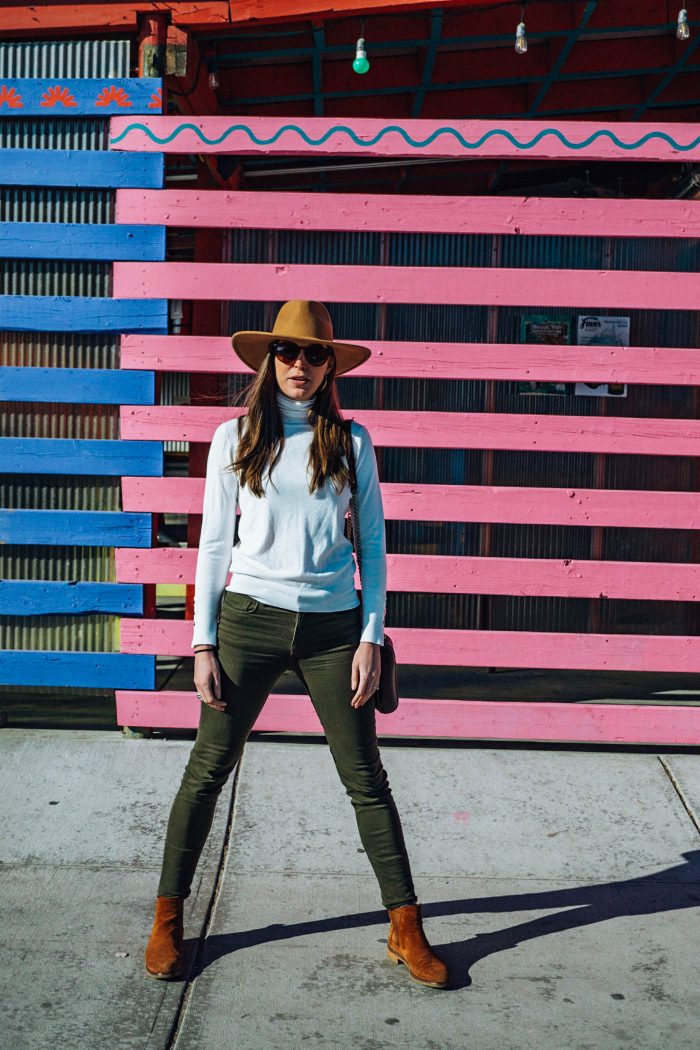 White Turtle Neck, Green Pants, Clarks Booties and Tan Hat