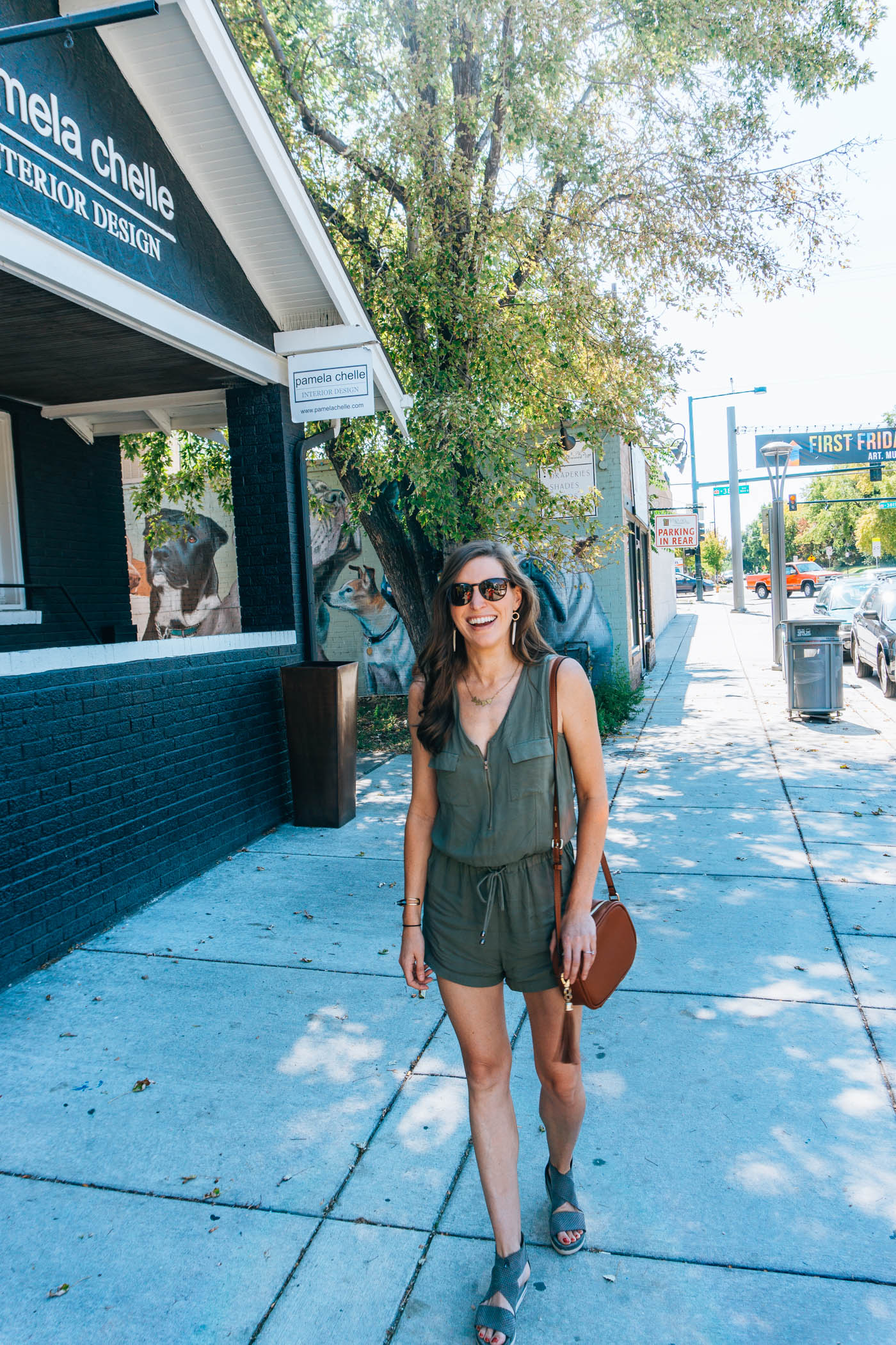 Lulu's army green romper on Blue Mountain Belle