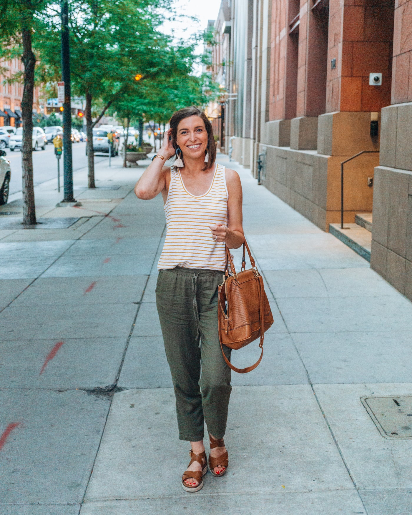 Evereve Ambassador in Green Drawstring Jogger & Yellow Stripped Tank Top